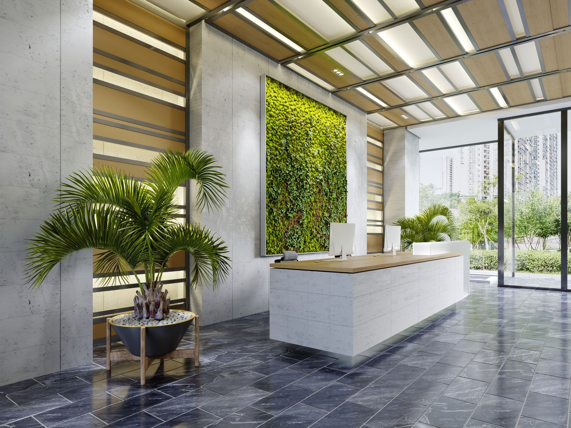 an artist 's impression of a modern lobby with a green wall and a reception desk .