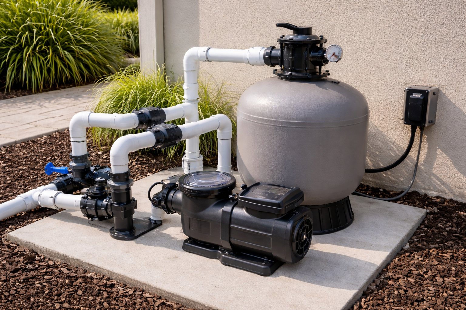 Pool pump and filter system with pipes on concrete pad, against a beige wall.