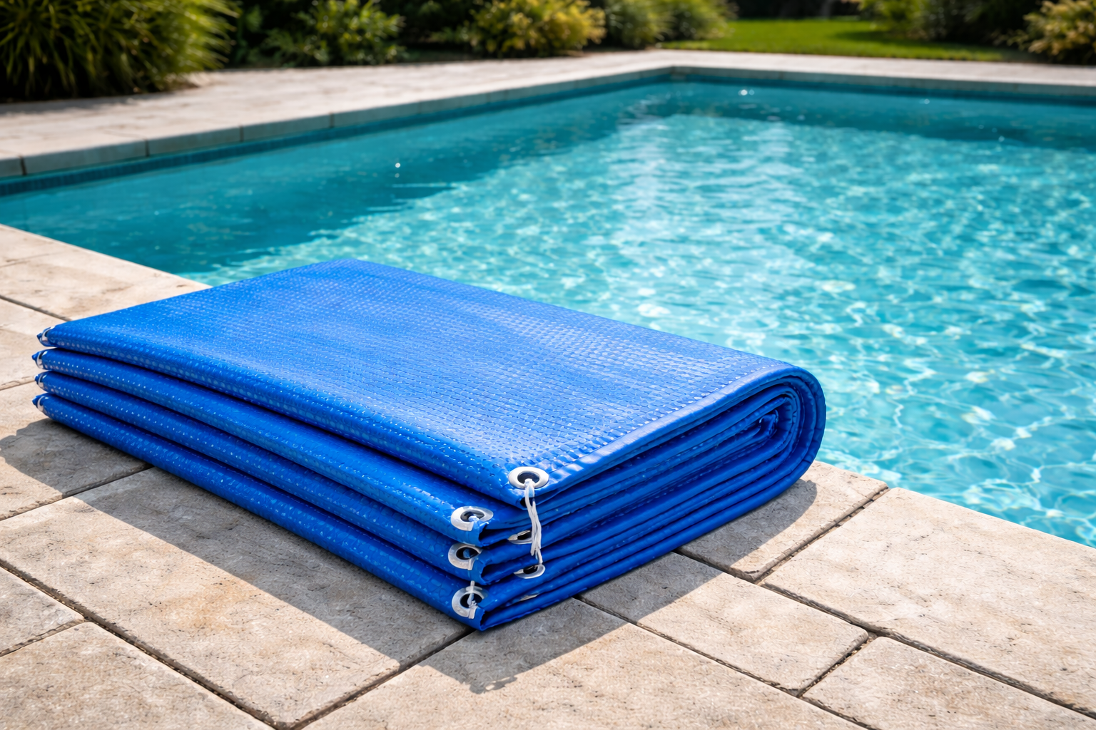 Blue pool cover folded on the edge of a swimming pool.