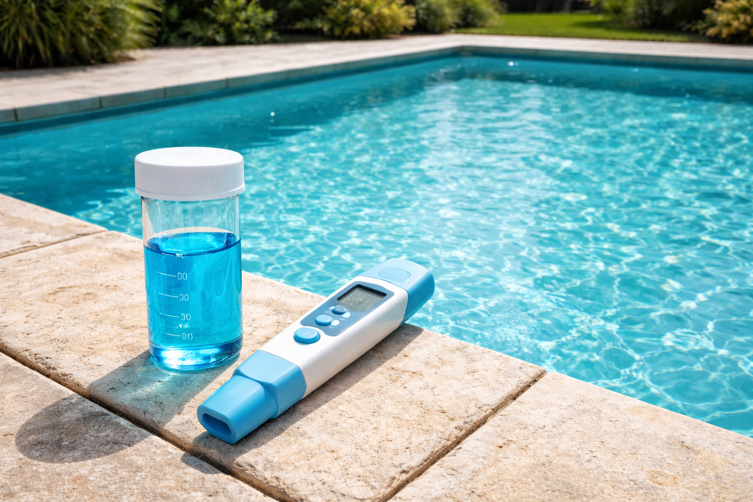 Pool water testing kit and digital meter on a pool's edge, water is bright blue.