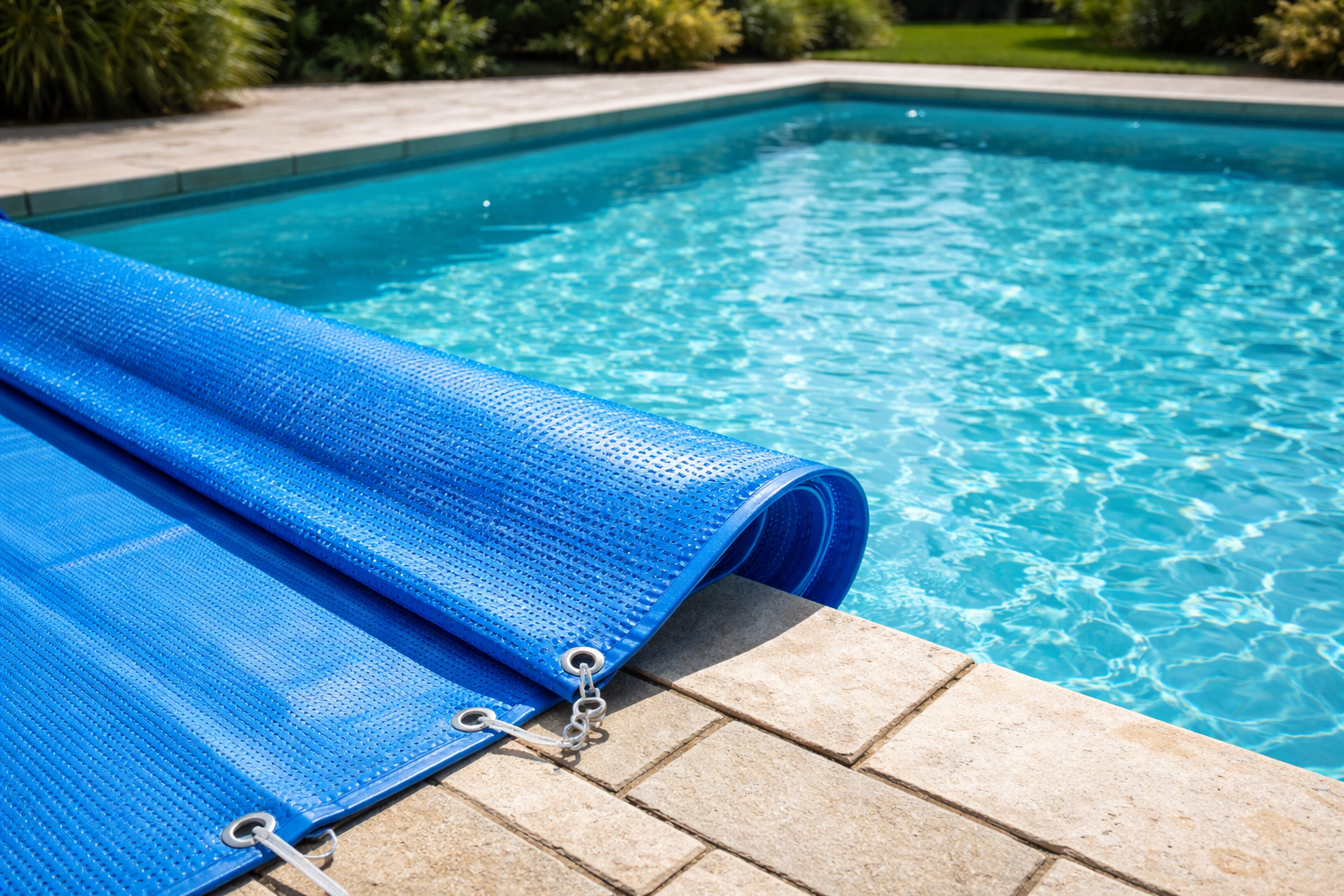 Blue pool cover rolled back on a brick pool deck, partially covering a sparkling blue pool.
