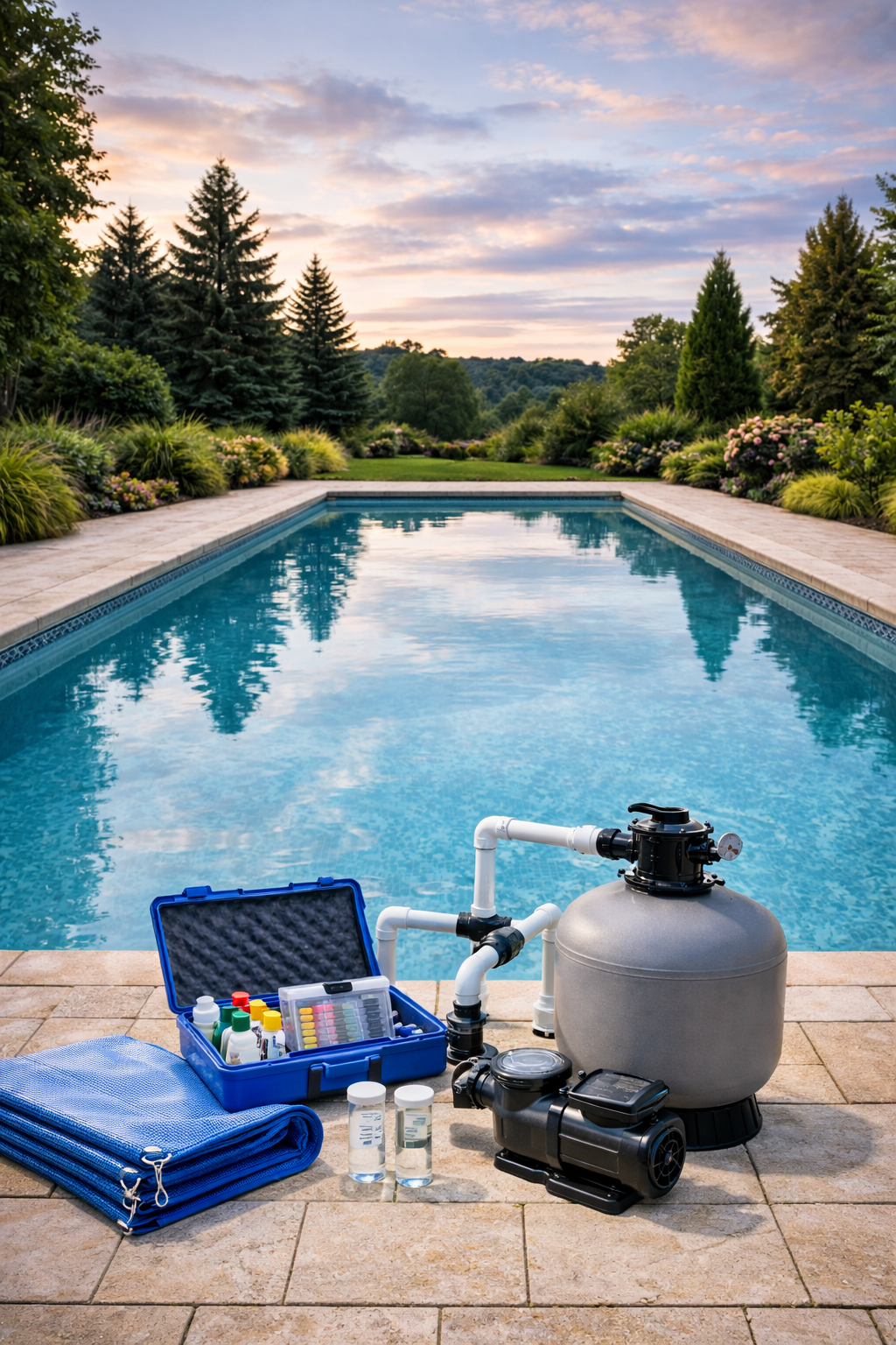 Swimming pool with maintenance supplies in a backyard setting at dusk.