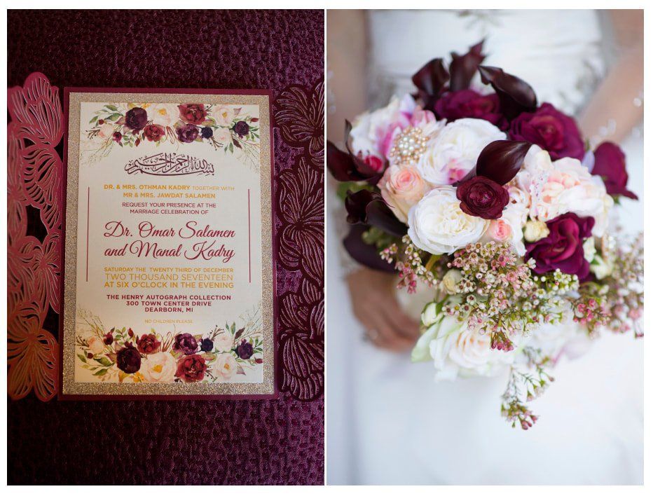A bride is holding a bouquet of flowers next to a wedding invitation.