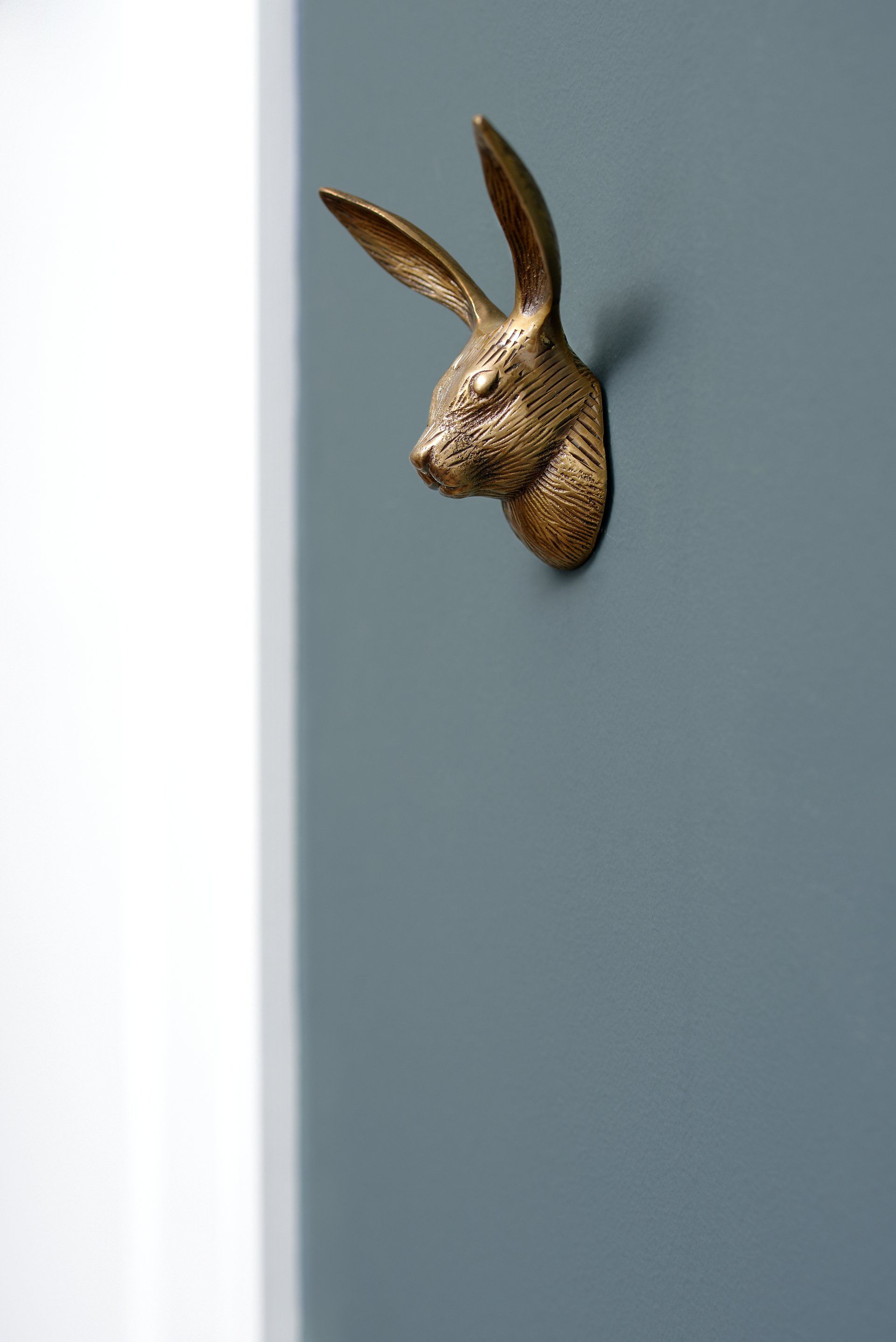 A gold rabbit head is hanging on a blue wall.