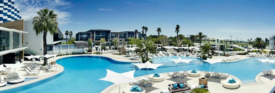 A large swimming pool surrounded by palm trees in a resort.