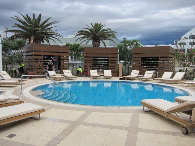 A large swimming pool surrounded by chairs and palm trees