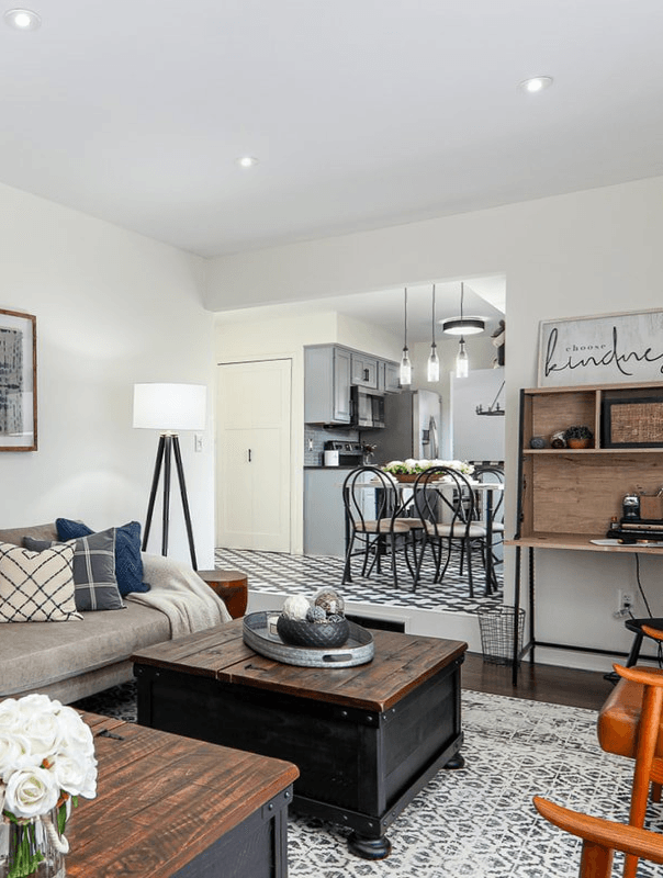 A living room with a couch and a coffee table