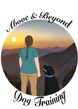 Woman and black dog overlooking a mountain sunset. 
