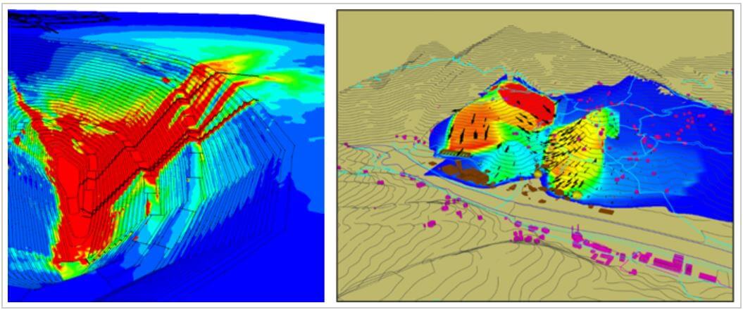 Figure 3 Surface subsidence induced due to a) sublevel caving operation, and b) underground stoping underneath a mountainous surface topography