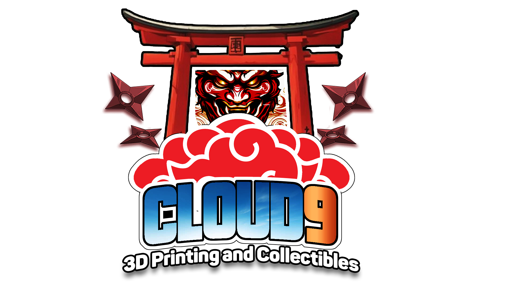 Logo: Red Torii gate, ninja stars, cloud graphic,