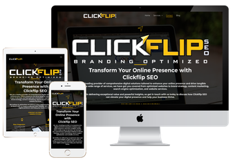 A computer monitor a tablet and a cell phone are displaying a website called clickflip