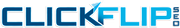 A blue and white logo for clickflip.com