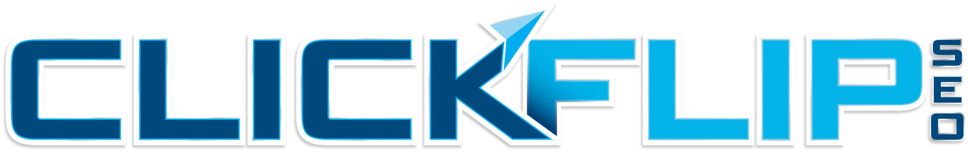 A blue and white logo for clickflip.com