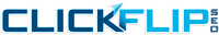 A blue and white logo for clickflip.com