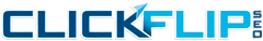 A blue and white logo for clickflip.com