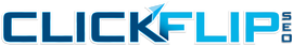 A blue and white logo for clickflip.com