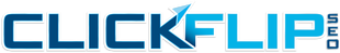 A blue and white logo for clickflip.com