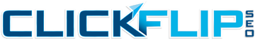 A blue and white logo for clickflip.com