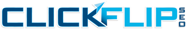 A blue and white logo for clickflip.com