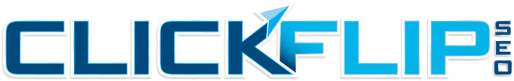 A blue and white logo for clickflip.com