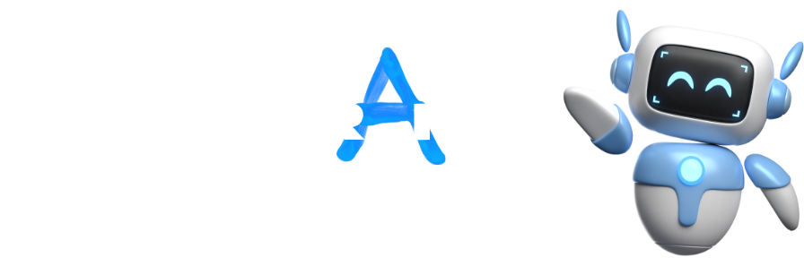 A blue and white robot is standing next to the letter a on a white background.