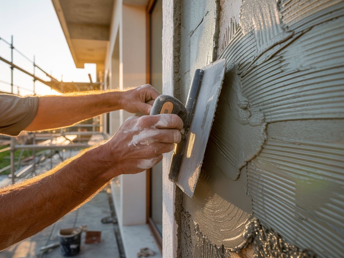 Person using a trowel to apply stucco to an exterior wall of a building under construction.
