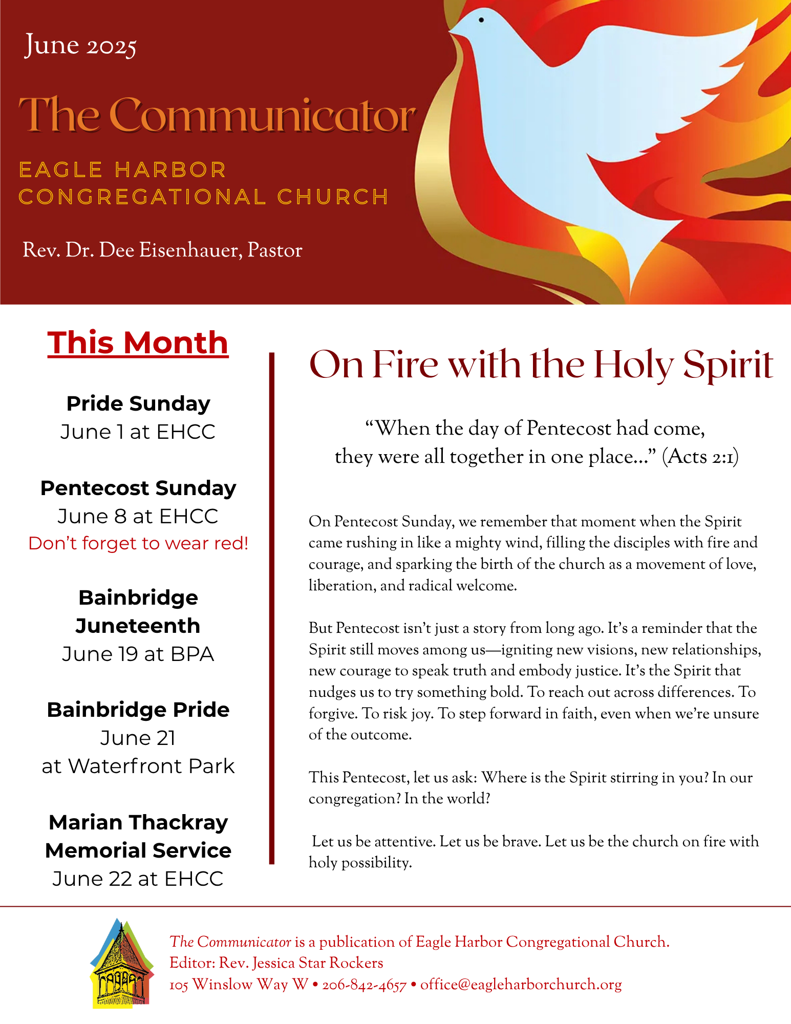 A flyer for the communicator eagle harbor congregational church.