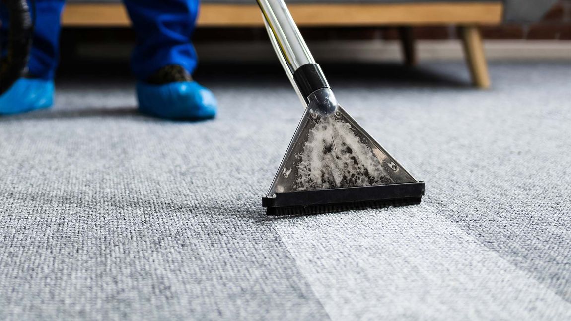 A person is cleaning a carpet with a vacuum cleaner.