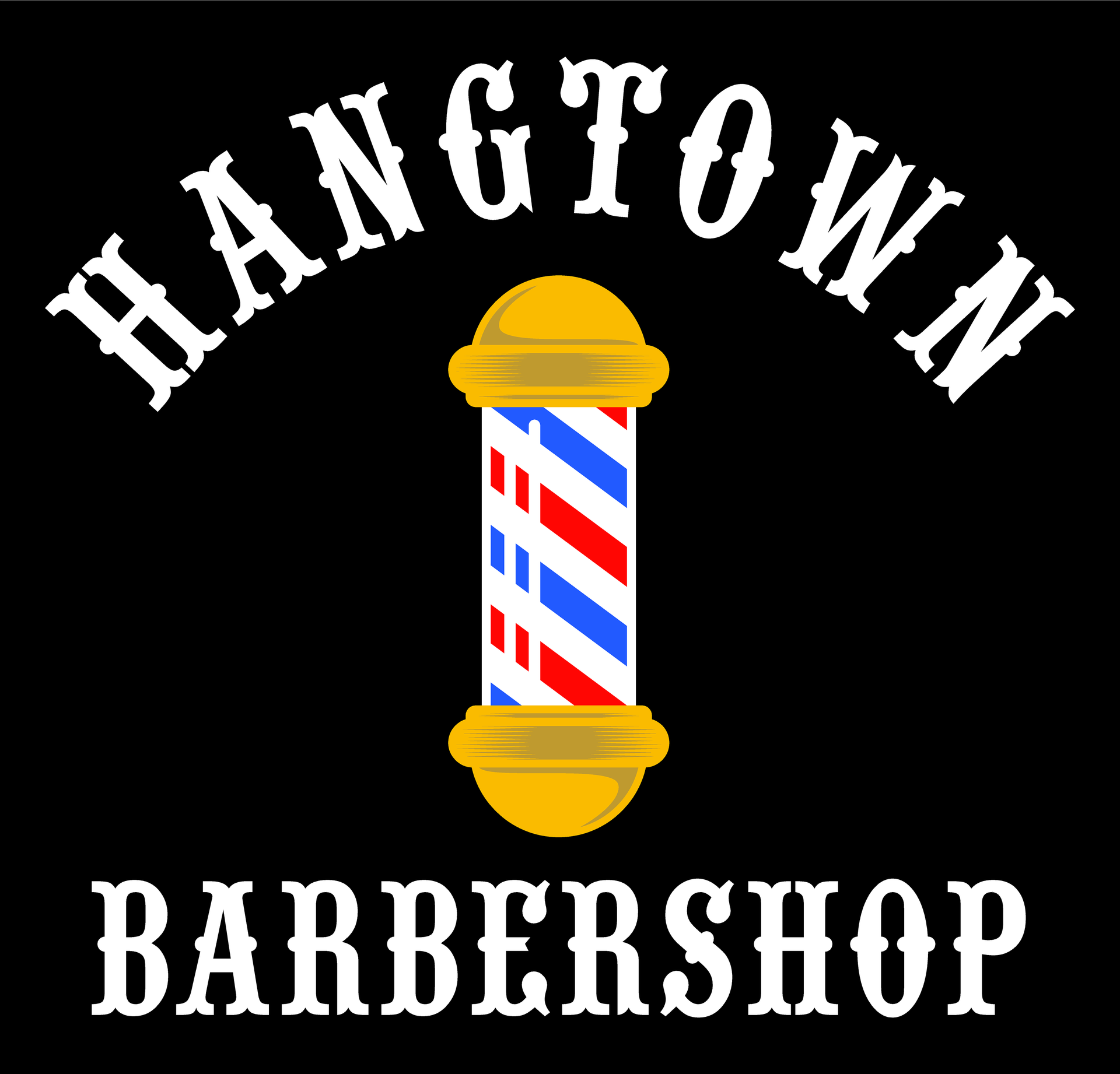 Hangtown Barbershop logo: barber pole with red, white, blue stripes, gold accents