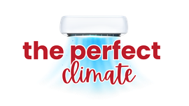 A white air conditioner with the words `` the perfect climate '' written on it.