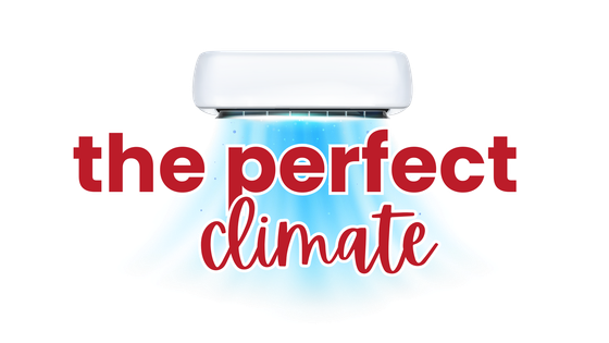 A white air conditioner with the words `` the perfect climate '' written on it.