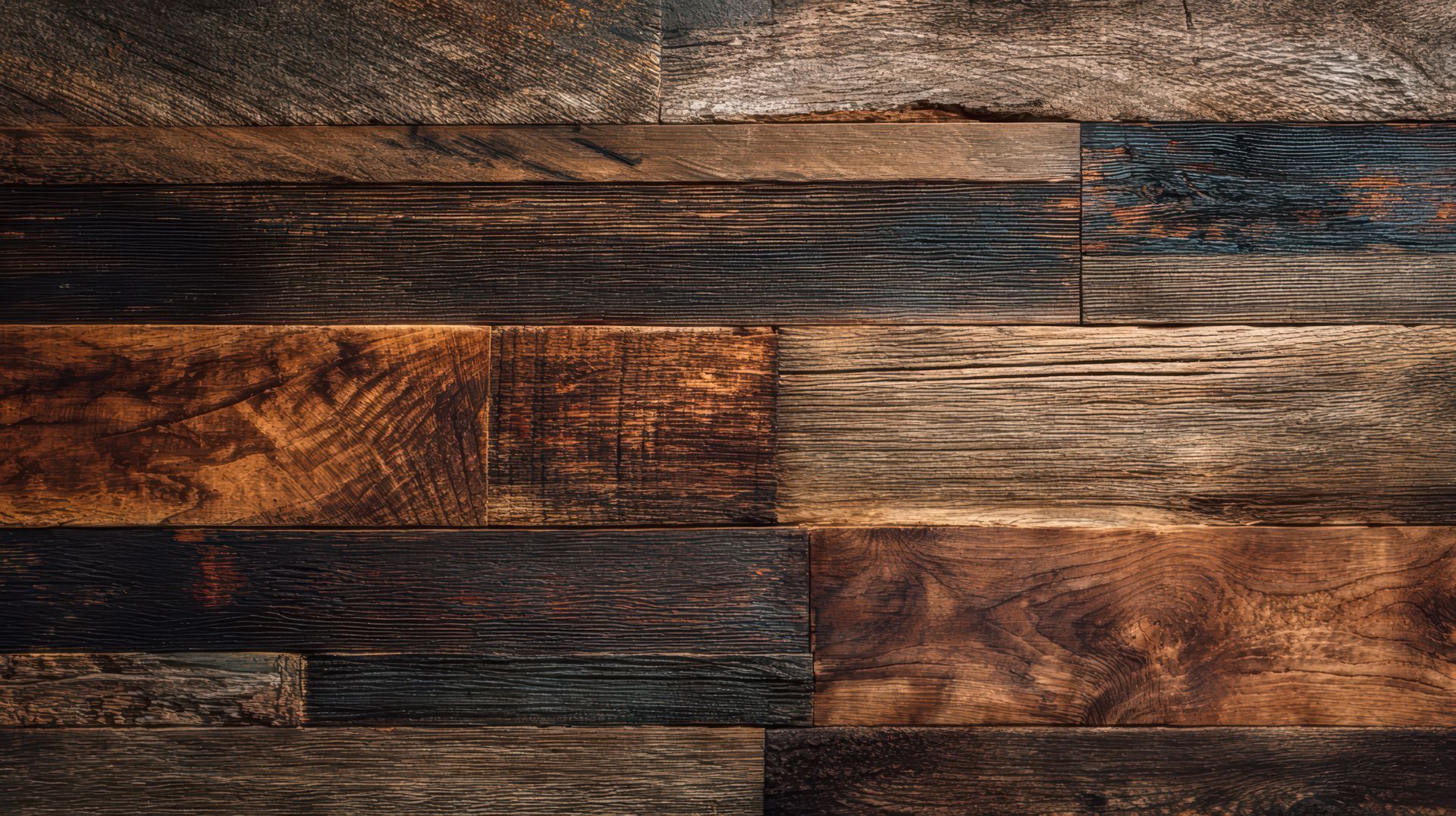 Weathered wooden planks with dark brown, black, and gray tones arranged horizontally