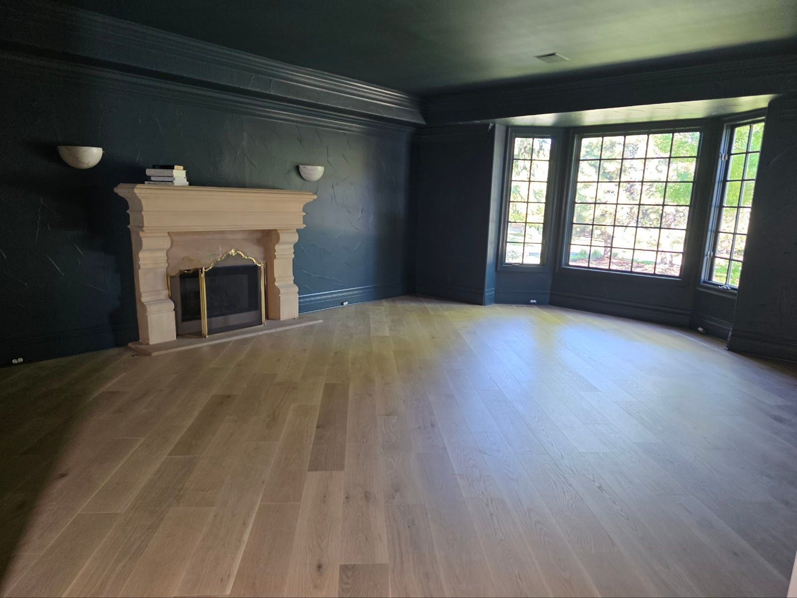 There is a fireplace in the middle of the room.