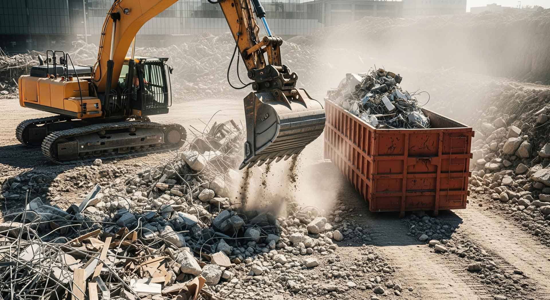 A dump truck and excavator are working on rubble at a demolition site for Demolition Recycling. A dump truck and excavator are working on rubble at a demolition site for Demolition Recycling.