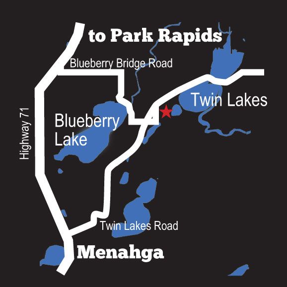 Map of Twin Lakes area, highlighting Blueberry Lake, Twin Lakes, and roads leading to Park Rapids and Menahga.
