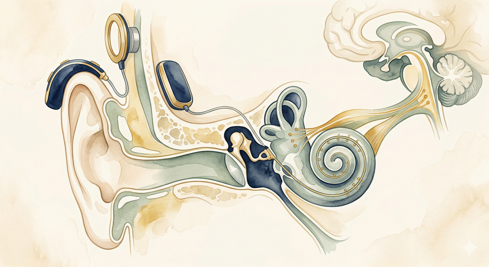 Ilustración de cómo funciona un implante coclear — componente externo e interno