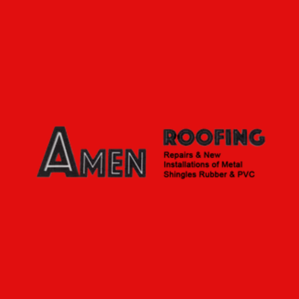 AMEN Roofing logo on a red background with repair, installation, and shingle services listed