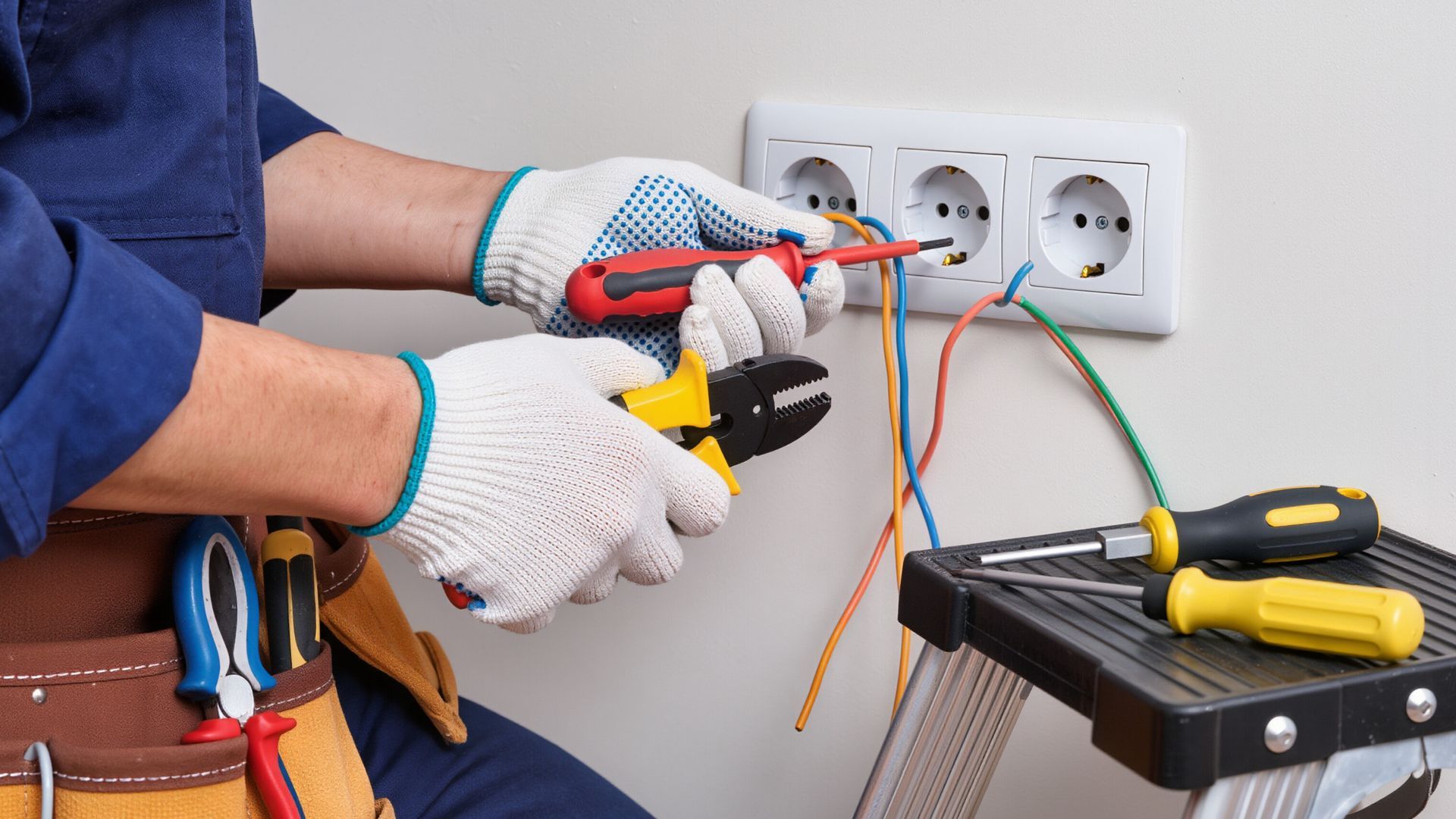 Electrician installing an outlet with tools, wires, and gloves on a white wall.