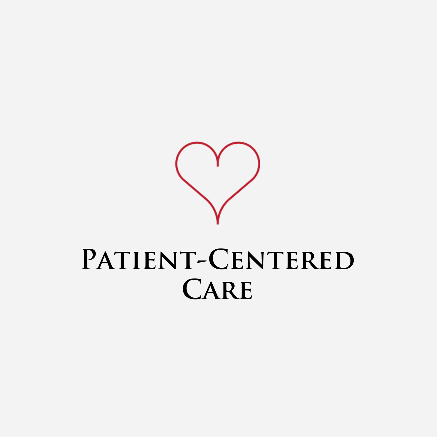 A patient centered care logo with a red heart on a white background.
