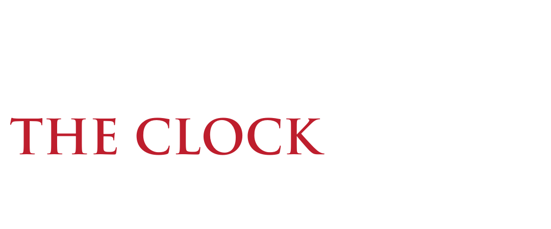 A white background with red text that says the clock