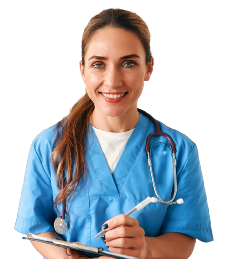 A smiling nurse is holding a clipboard and a pen.