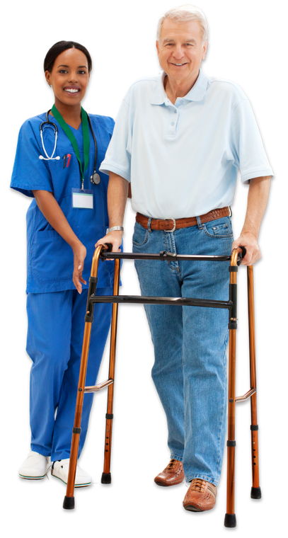 A nurse is helping an elderly man use a walker.