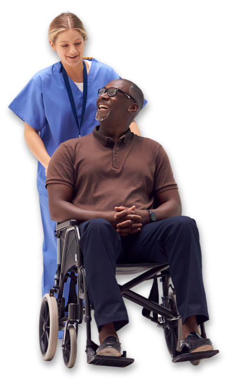 A nurse is pushing a man in a wheelchair