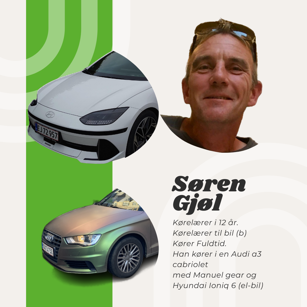 A picture of a man and a car that says ' søren giøl ' on it