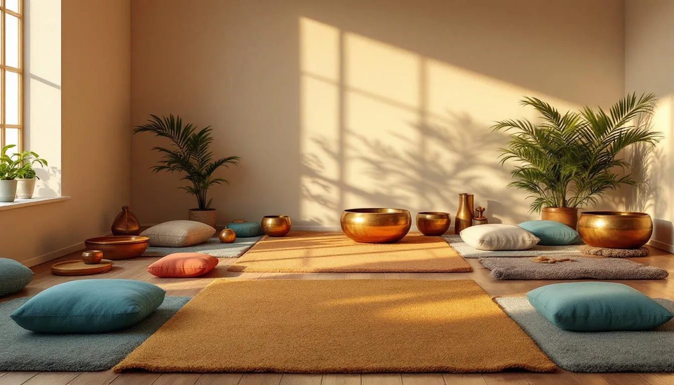 In a tranquil meditation room illuminated by soft lighting, cushions are scattered on the floor, and various sound healing instruments, including Tibetan singing bowls and tuning forks, are thoughtfully arranged. This serene space is designed to promote relaxation and enhance emotional well-being through the healing power of sound frequencies and vibrations.