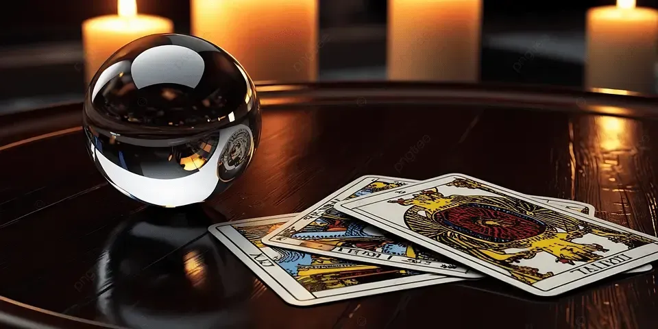 Crystal ball with tarot cards on a dark wooden table, lit by candles.