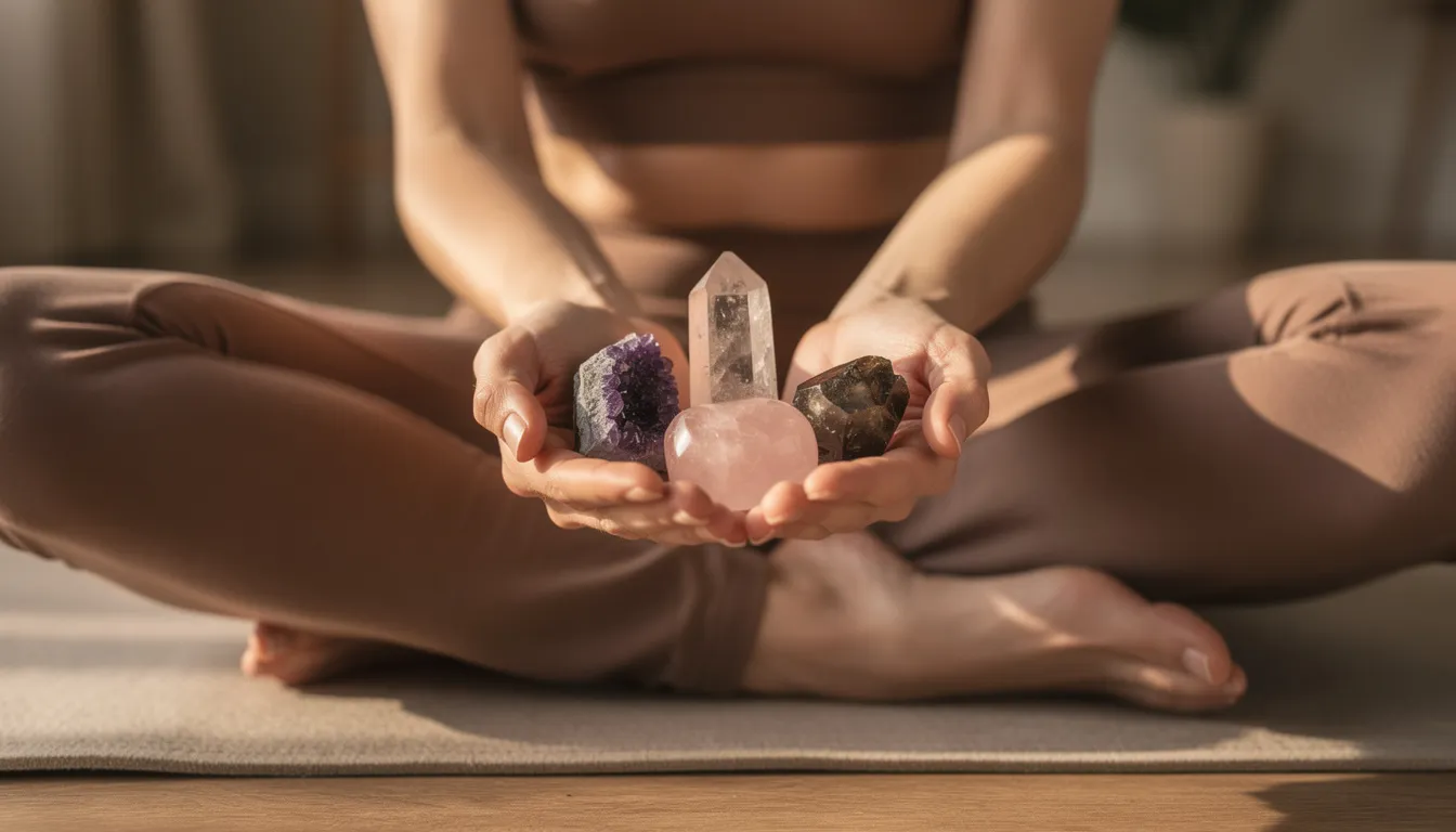 Woman in yoga pose holding crystals in sunlight.