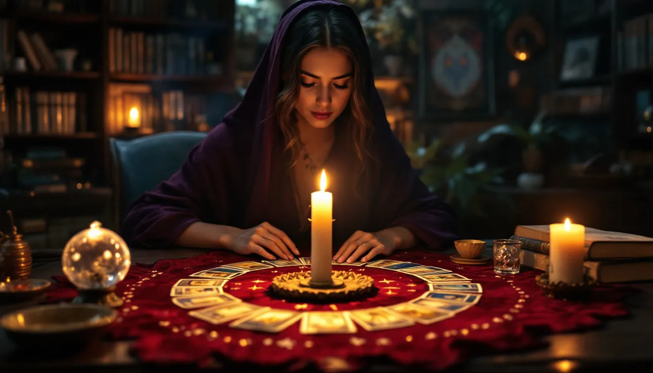 A woman in a purple robe sits before a candle and tarot cards, gazing intently.