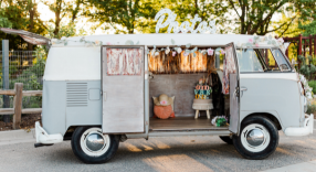 Vintage 1967 VW Photo Booth Love Bus in Boho theme and barn doors open