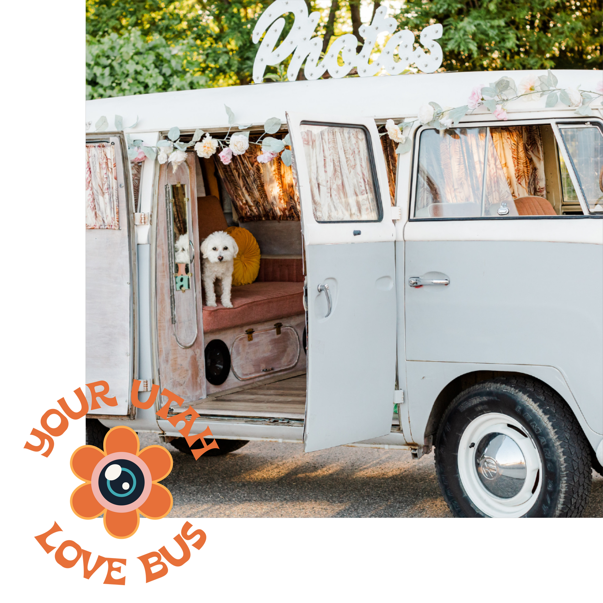 Vintage 1967 VW Photo Booth Love Bus side shot with white dog inside